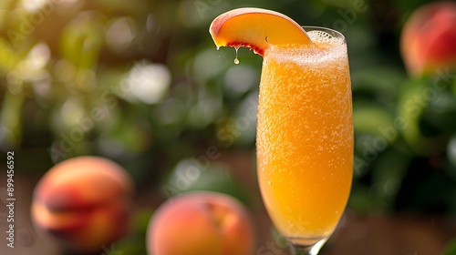 Peach bellini cocktail, sparkling bellini, peach puree, champagne flute, bubbles, peach garnish photo