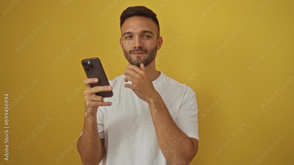 Smart young hispanic man pointing finger with happy face, smartphone in hand, number one idea over isolated yellow background Smart young hispanic man pointing finger with happy face, smartphone in hand, number one idea over isolated yellow background