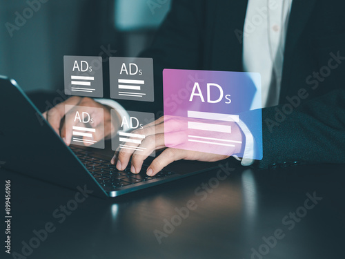 digital marketing concept Marketers analyze online advertising campaigns and performance indicators. Advertise on websites and social media Banner advertising on the internet. photo