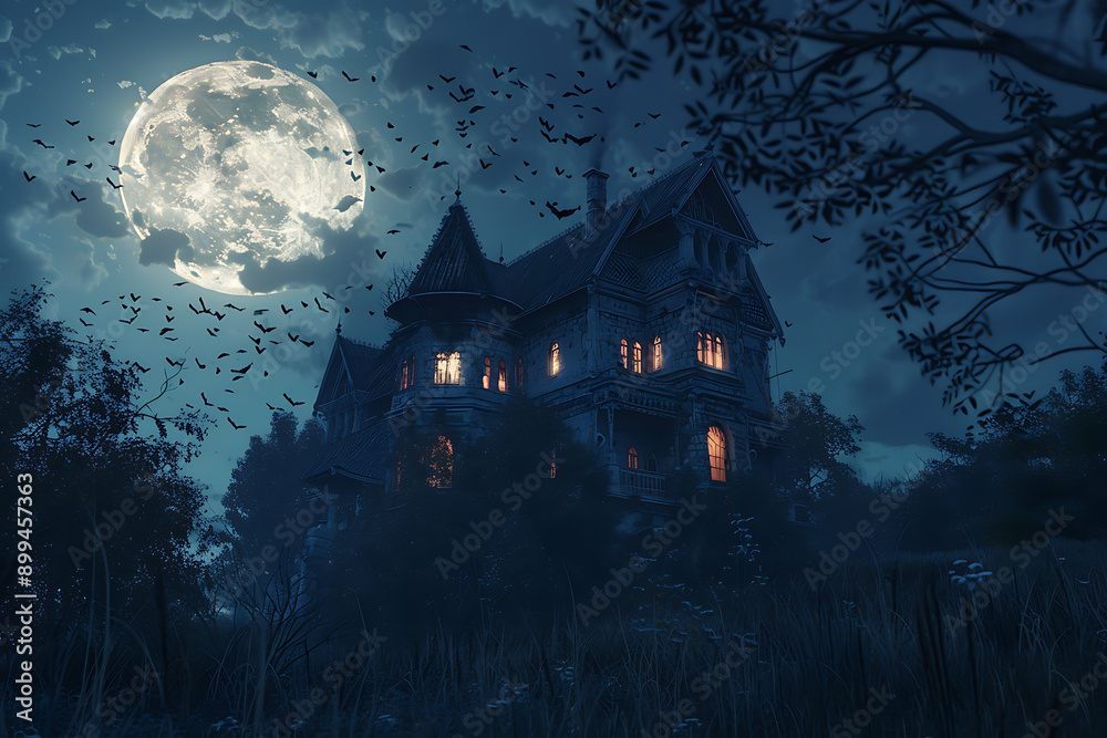 A scary abandoned house with cobwebs, illuminated by a full moon. while bats fly near it, creating a spooky and eerie atmosphere. A scary abandoned house with cobwebs, illuminated by a full moon. while bats fly near it, creating a spooky and eerie atmosphere.