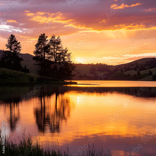 Golden Hour Serenity: Tranquil Hills and Reflective Lake at Sunset