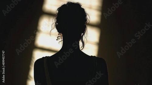 Silhouette of a woman with elegant hairstyle standing against a bright, ethereal light background. Ideal for themes of mystery, anonymity, beauty, and artistic expression