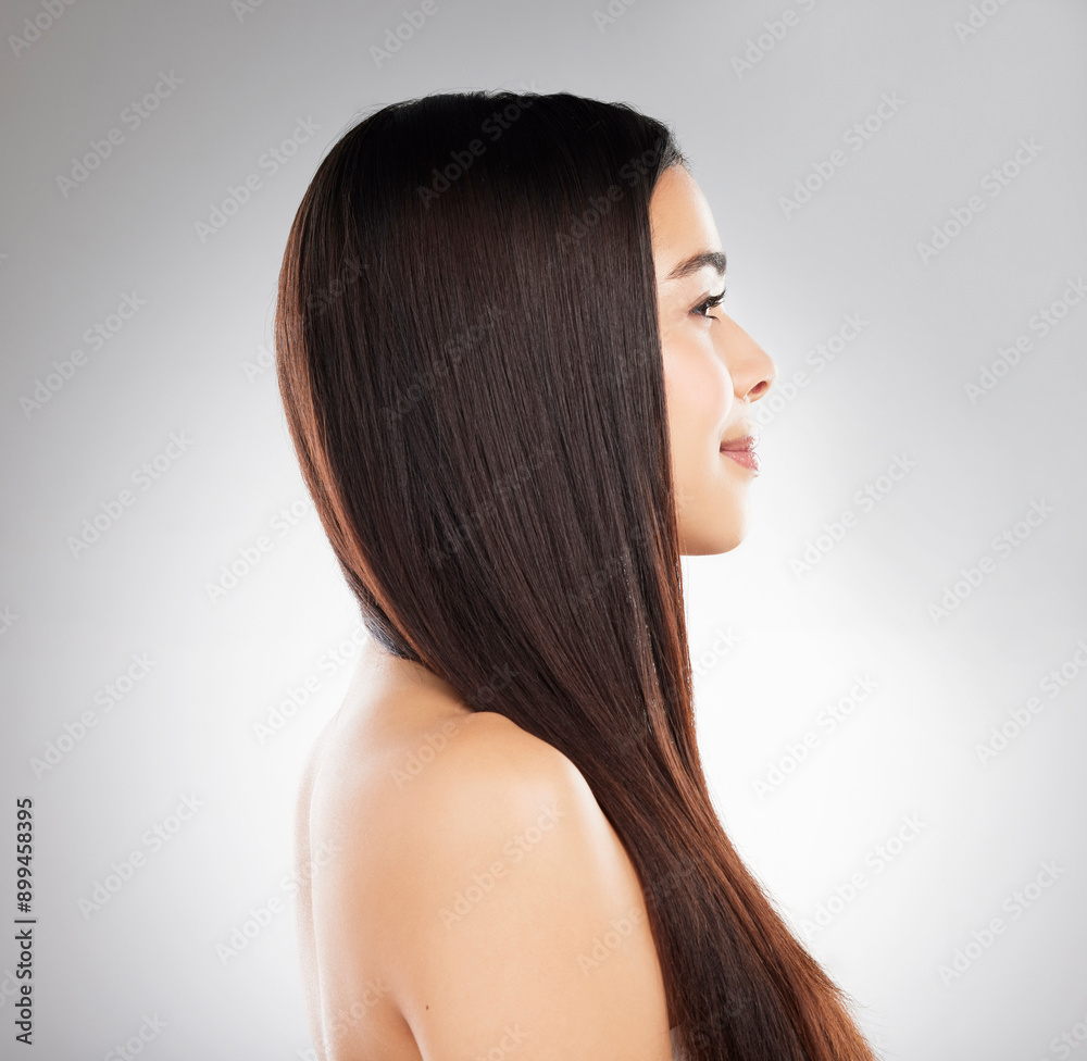Obraz premium Hair, keratin and profile with woman in studio on white background for growth or shampoo treatment. Aesthetic, beauty and cosmetics with model at salon for conditioner, natural haircare or wellness
