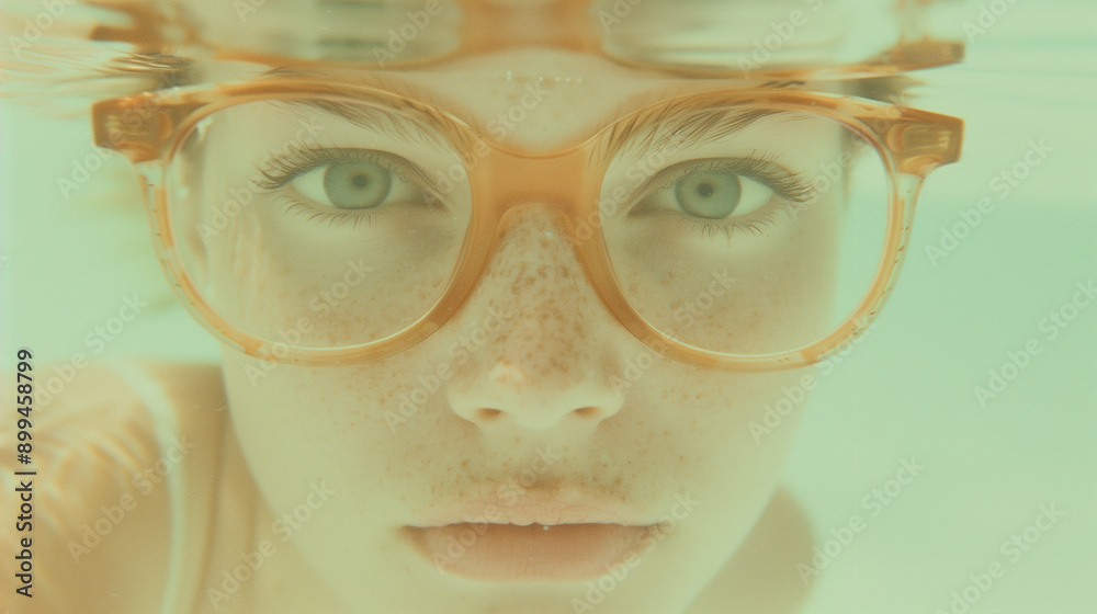 face of a woman with glasses underwater in a pool with ethereal soft light. Beauty and eyewear for advertising. Looking at camera; sensual gaze face of a woman with glasses underwater in a pool with ethereal soft light. Beauty and eyewear for advertising. Looking at camera; sensual gaze