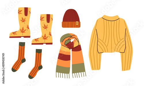 Warm autumn clothes. Knitted sweater, hat, scarf and socks and rubber boots. Autumn clothes vector collection. Autumn set of hand drawn cute cozy design elements isolated on white