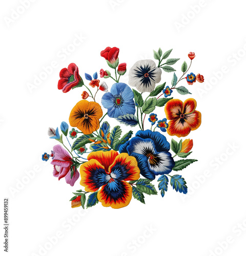 Embroidered flower cluster on transparent background.