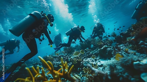 A team of divers of various ethnicities cleaning up an underwater reef, ensuring marine life thrives.