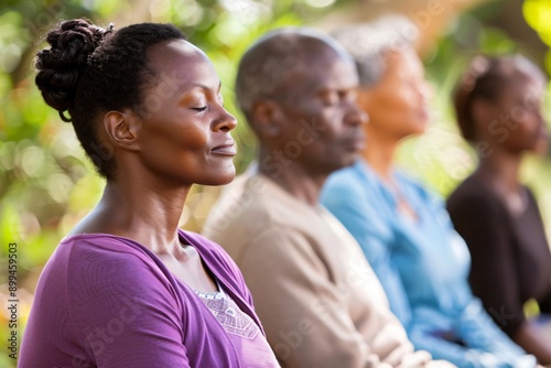 Group of diverse people meditating outdoors in tranquil nature setting