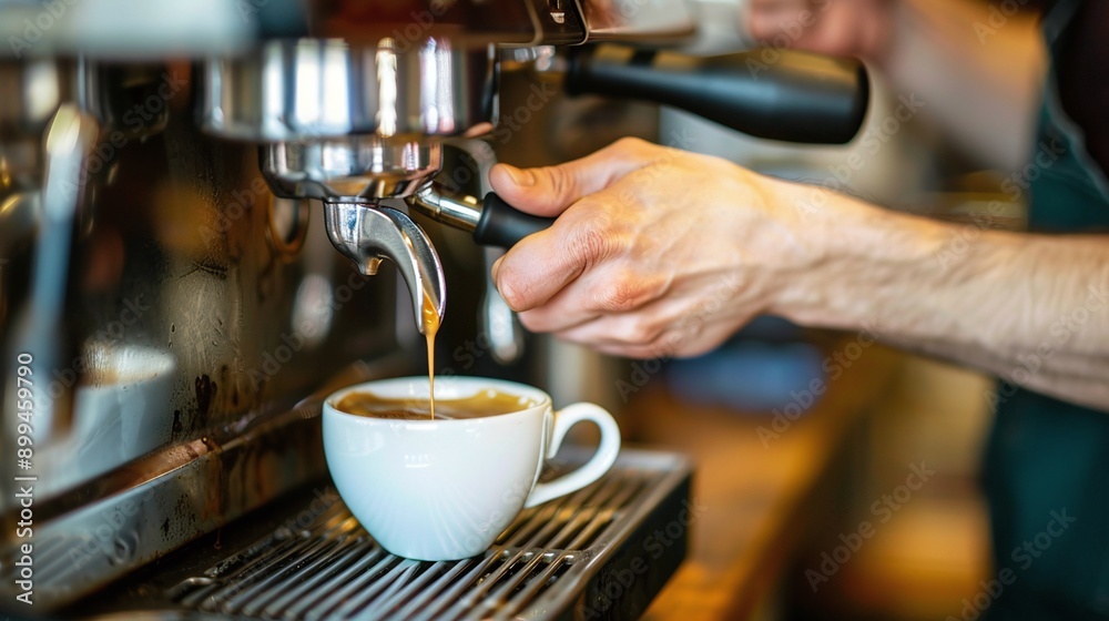 Barista Using Espresso Machine to Make Coffee in a Cafe Barista Using Espresso Machine to Make Coffee in a Cafe