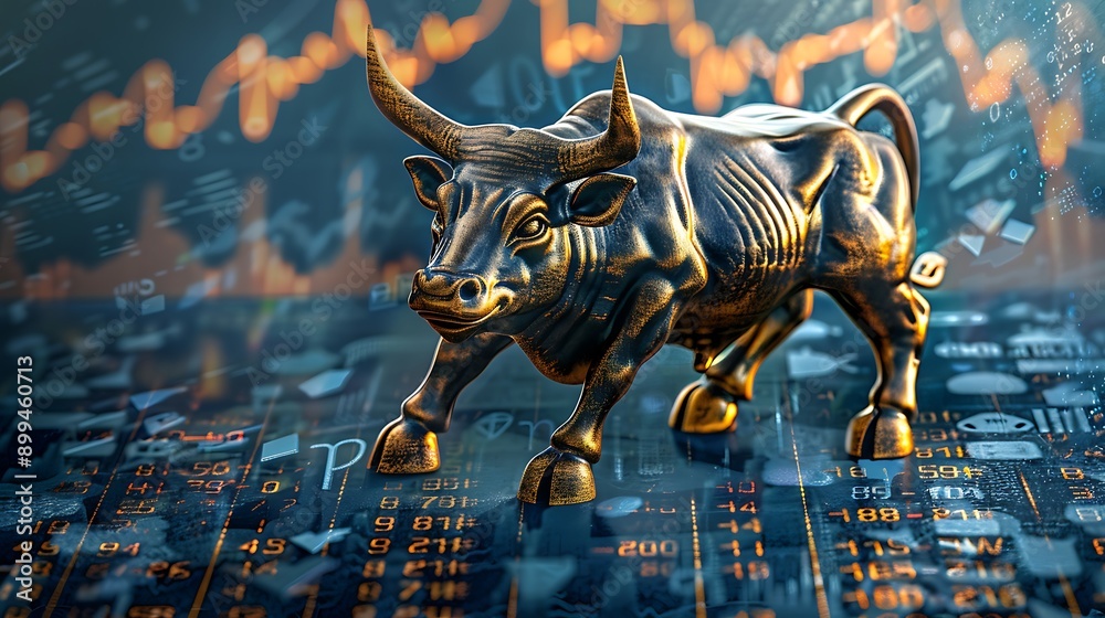 Golden bull statue standing on a digital background with stock market charts, symbolizing growth, success and wealth in the financial world. Golden bull statue standing on a digital background with stock market charts, symbolizing growth, success and wealth in the financial world.