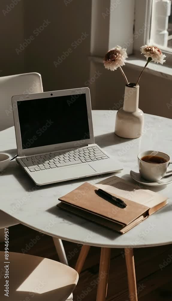 A cozy workspace with a laptop and coffee on a sunlit table A cozy workspace with a laptop and coffee on a sunlit table