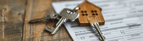 House key and document on wooden surface, representing real estate, home ownership, and property purchase.