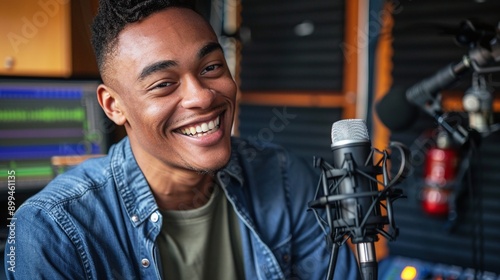 Happy radio presenter speaking into a microphone in a studio photo