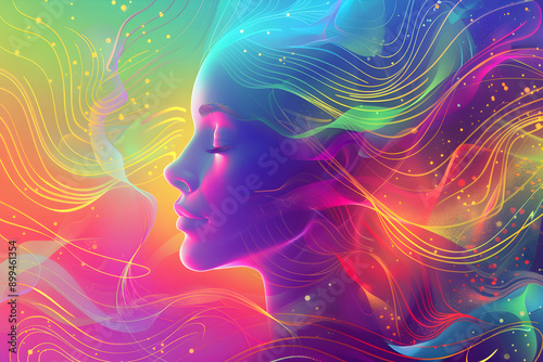 Abstract portrait of a woman in bright neon colors. Concept of sound wave healing and mental health.