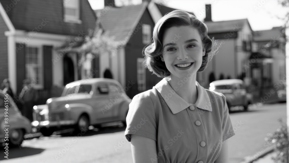 A woman smiling in front of a row of cars on the street, AI A woman smiling in front of a row of cars on the street, AI