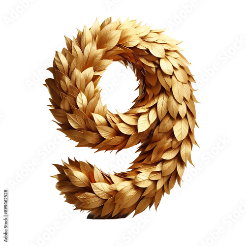 The Number 9, nine, made of golden leaves isolated on transparent background, png.