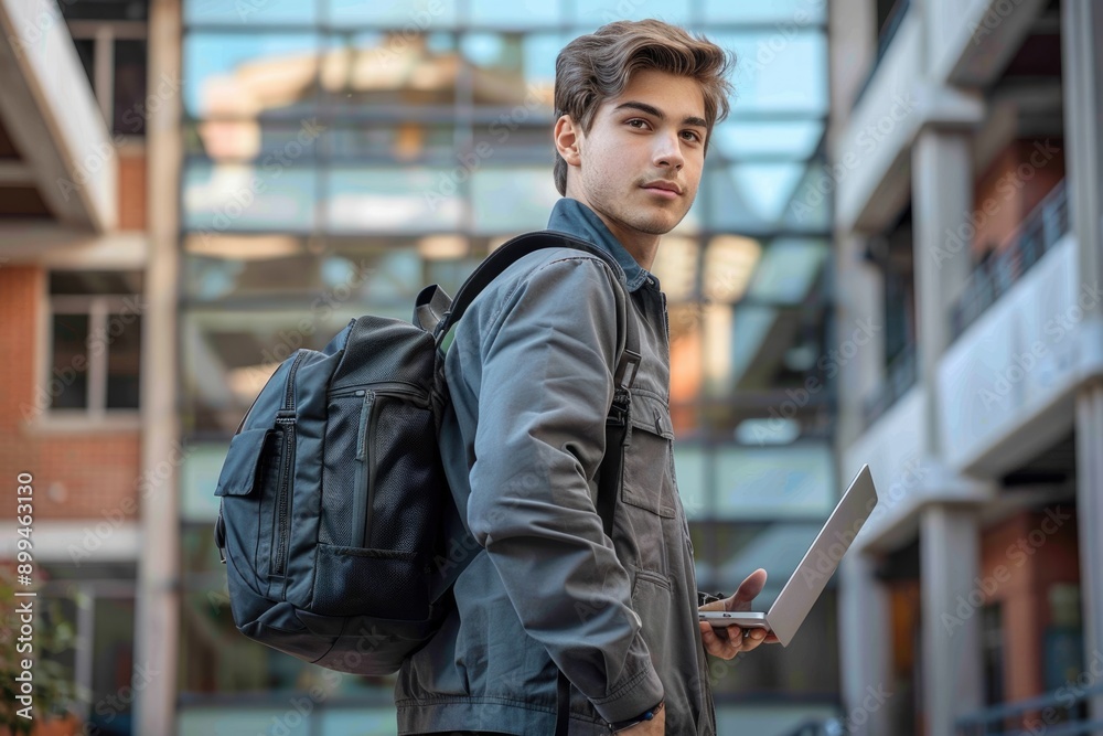 College student with bag and laptop on campus walking.