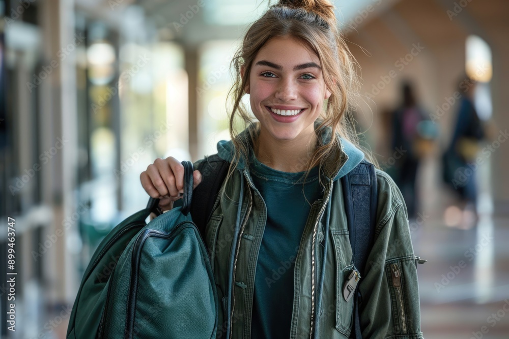 Fototapeta premium Portrait of smiling female college student walking to class with bag