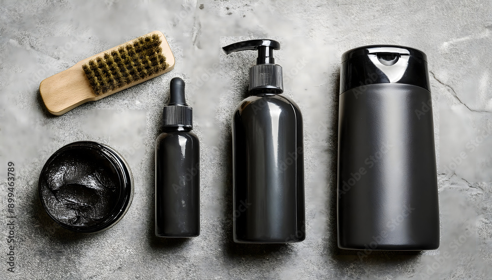 Flat lay composition with men's cosmetic products in black packaging on stone background Flat lay composition with men's cosmetic products in black packaging on stone background