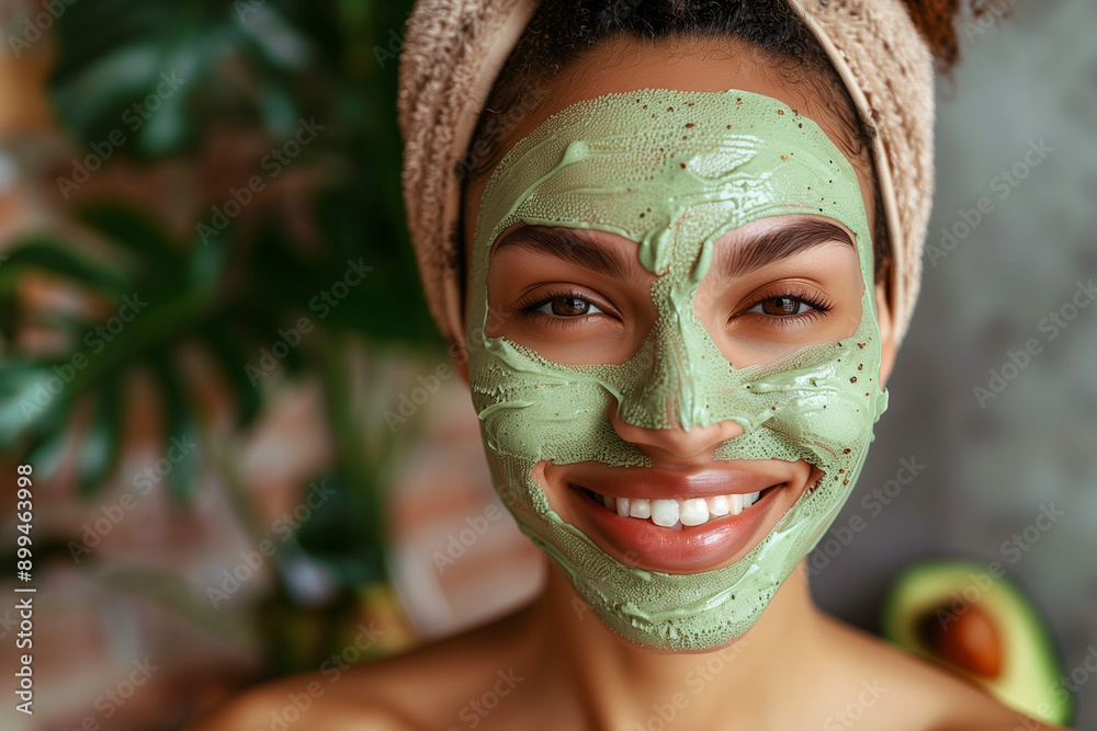 Close-up of a smiling woman with an avocado face mask and a towel wrapped around her head. Natural beauty and skincare concept set in a tropical, refreshing environment.