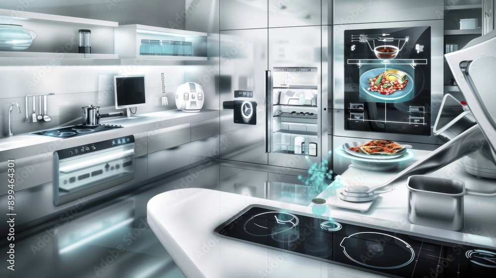 A futuristic kitchen with a computer monitor on the wall A futuristic kitchen with a computer monitor on the wall