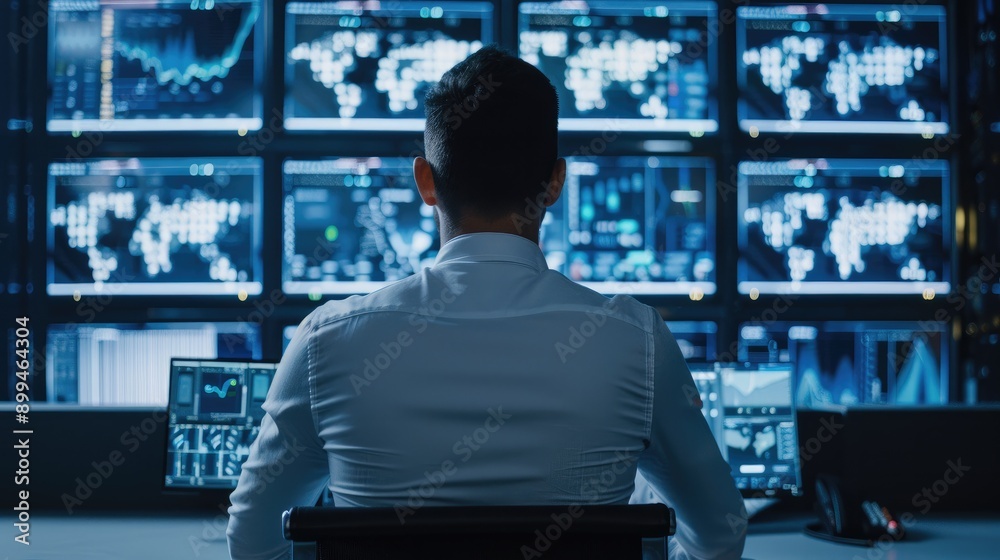 Cybersecurity specialist monitoring a network security dashboard in a control room Cybersecurity specialist monitoring a network security dashboard in a control room