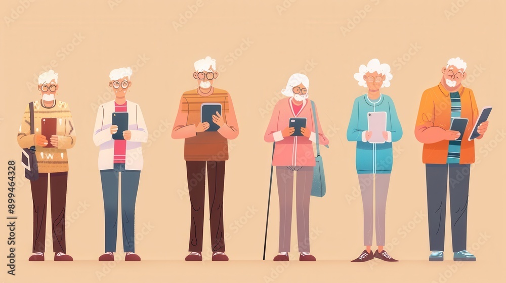 A group of elderly individuals utilizes tablets while standing together in a sunny, warm room, engaging in learning or sharing experiences. Generative AI A group of elderly individuals utilizes tablets while standing together in a sunny, warm room, engaging in learning or sharing experiences. Generative AI