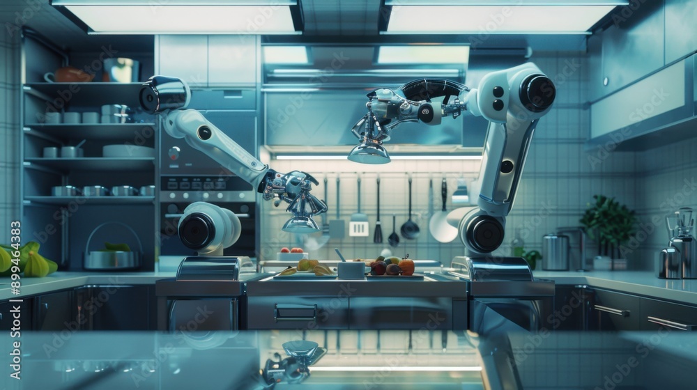 Artistic shot of a high-tech kitchen with robotic arms preparing gourmet meals. --ar 16:9 --style raw Job ID: 079dad80-2a86-484f-bf35-558d745038a0 Artistic shot of a high-tech kitchen with robotic arms preparing gourmet meals. --ar 16:9 --style raw Job ID: 079dad80-2a86-484f-bf35-558d745038a0