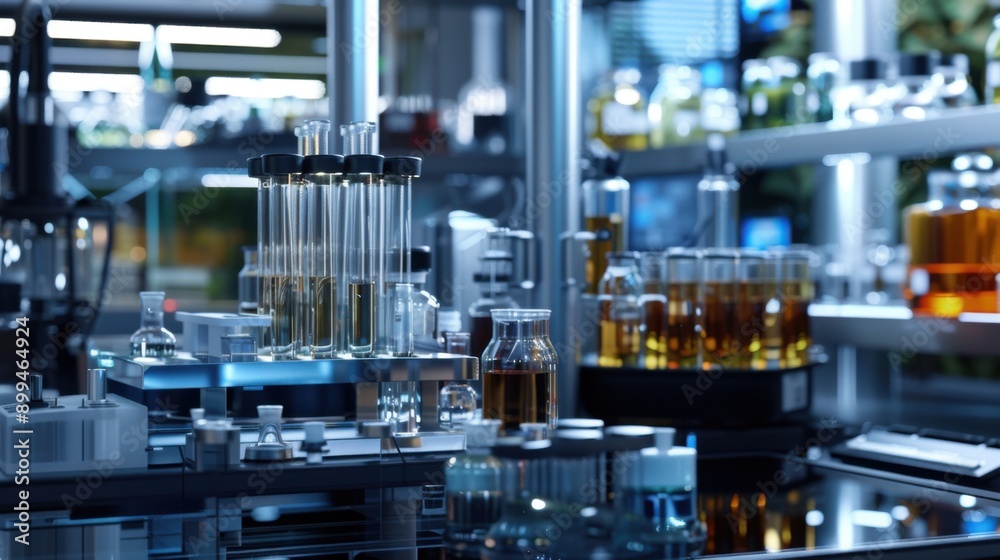 A laboratory with many glass containers and bottles A laboratory with many glass containers and bottles