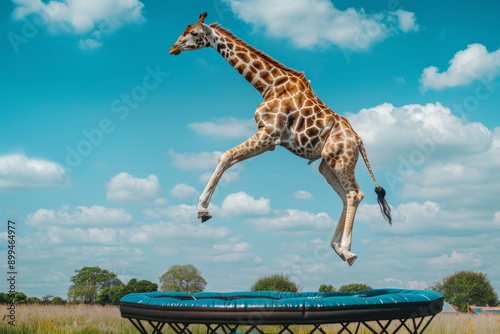 Giraffe jumping on trampoline outdoor. Ai generative art