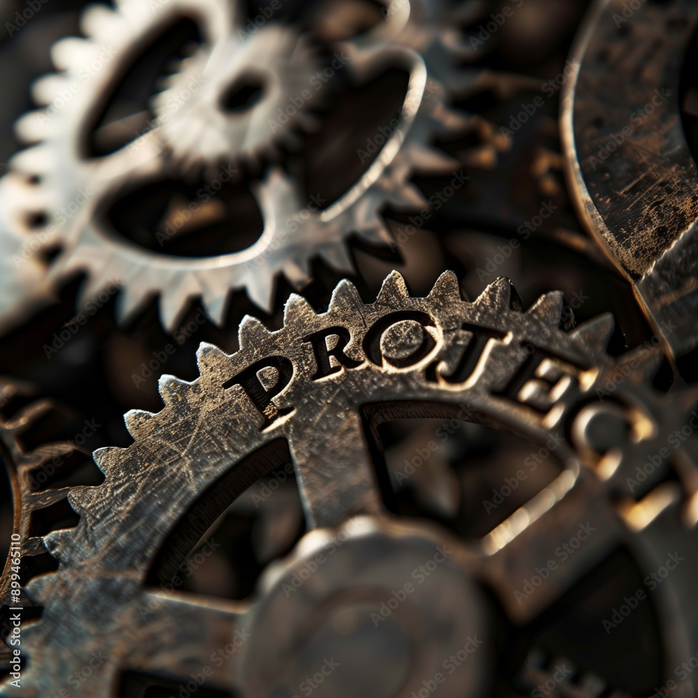 Close-up of interlocking metallic gears with engraved text. Close-up of interlocking metallic gears with engraved text.
