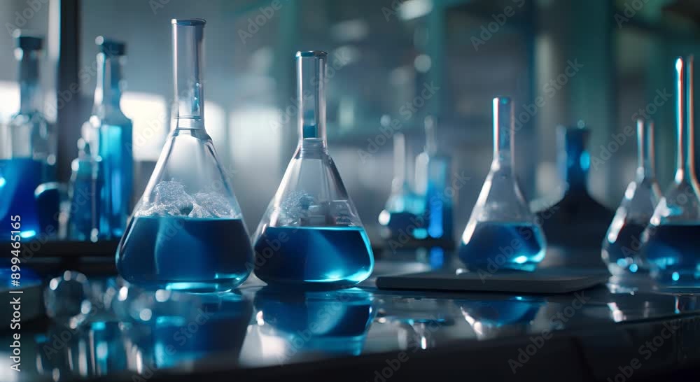 A table with many glass beakers and bottles of various colors