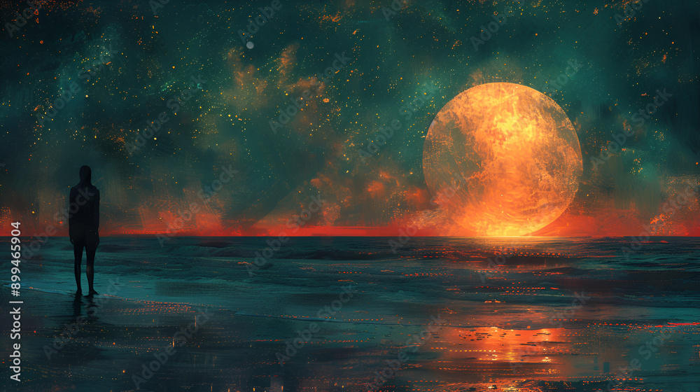 Illustration of a human silhouette standing on the beach at night with background sea and moon Illustration of a human silhouette standing on the beach at night with background sea and moon