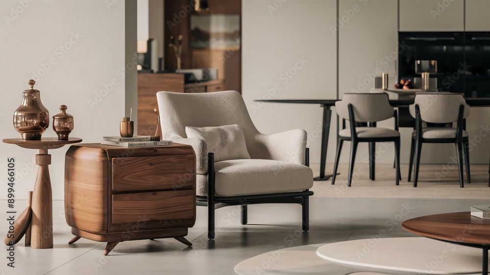 Fototapeta premium Modern living room interior with armchair, wooden commode, side table and elegant home accessories. Dining room in the back illustration.