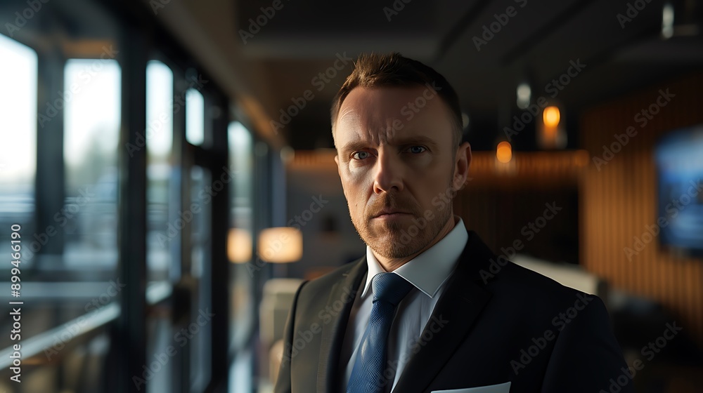 A white man with a serious expression and a business suit, standing in a corporate office. A white man with a serious expression and a business suit, standing in a corporate office.