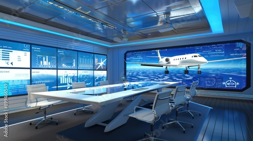 high-tech virtual meeting room for aerospace engineers, with screens displaying aircraft designs and aerodynamic data photo