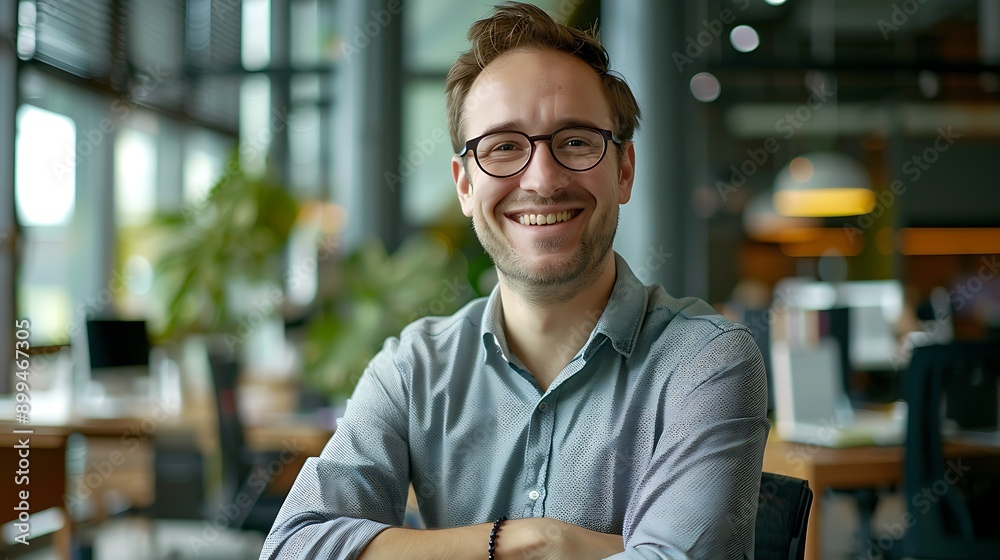A white man with glasses, smiling and working on a computer in a modern office. A white man with glasses, smiling and working on a computer in a modern office.