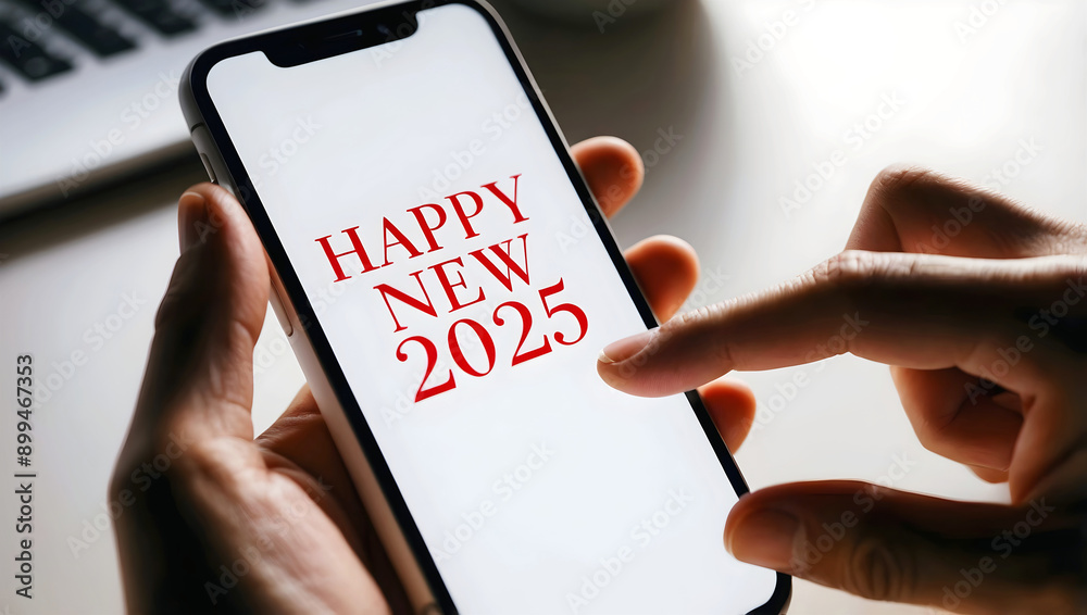 Person holding mobile phone with text Happy New 2025 year, technology and telecommunication, festive background, template