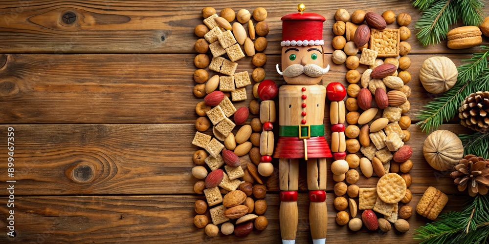 A surreal image of a nutcracker made out of various foods including nuts, crackers, and other edible items , food, surreal A surreal image of a nutcracker made out of various foods including nuts, crackers, and other edible items , food, surreal