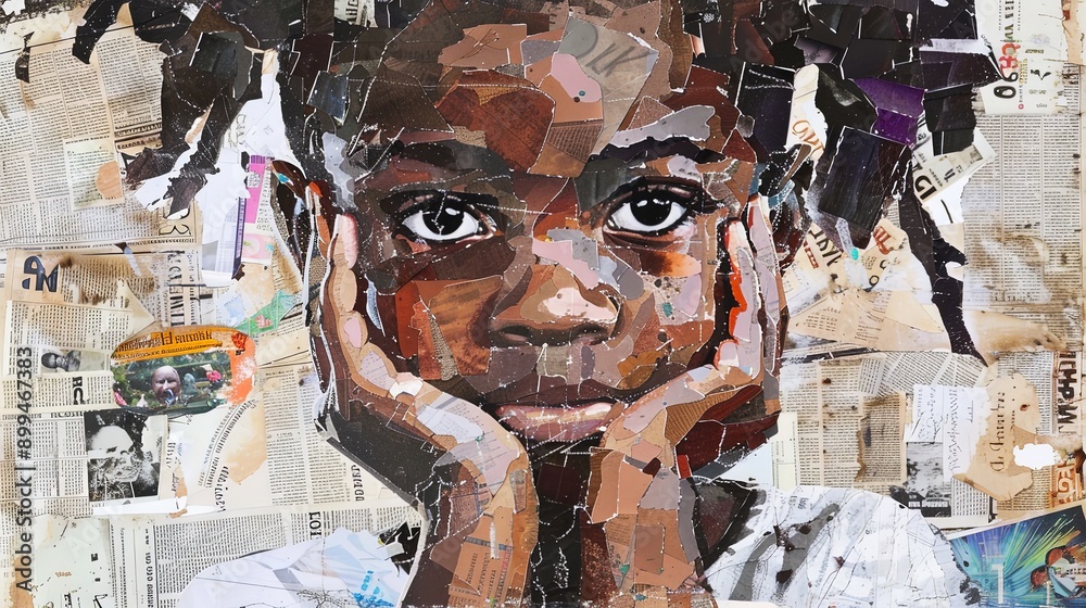 Fototapeta premium Dreamy African Woman Surrounded by Graffiti and Newspapers