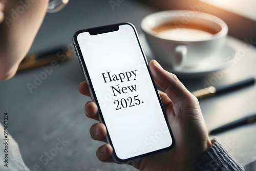 Person holding mobile phone with text Happy New 2025 year, technology and telecommunication, festive background, template