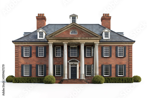 Wallpaper Mural Traditional Colonial house with a red brick facade and symmetrical design, featuring classic columns and a beautifully landscaped front yard, on white background. Torontodigital.ca