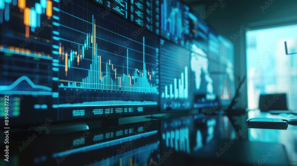 Digital financial charts and graphs projected on a screen during a meeting Digital financial charts and graphs projected on a screen during a meeting