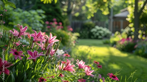 Backyard adorned with pink flowers