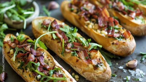 Fototapeta Naklejka Na Ścianę i Meble -  Bacon and arugula baguette with garlic