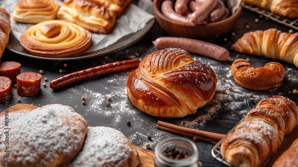 Fototapeta premium Baking various pastries and sausages on dark surface
