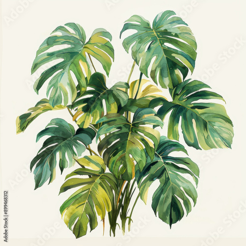 Wallpaper Mural Watercolor illustration of a Monstera plant with lush green leaves, showcasing botanical beauty and natural design. Torontodigital.ca