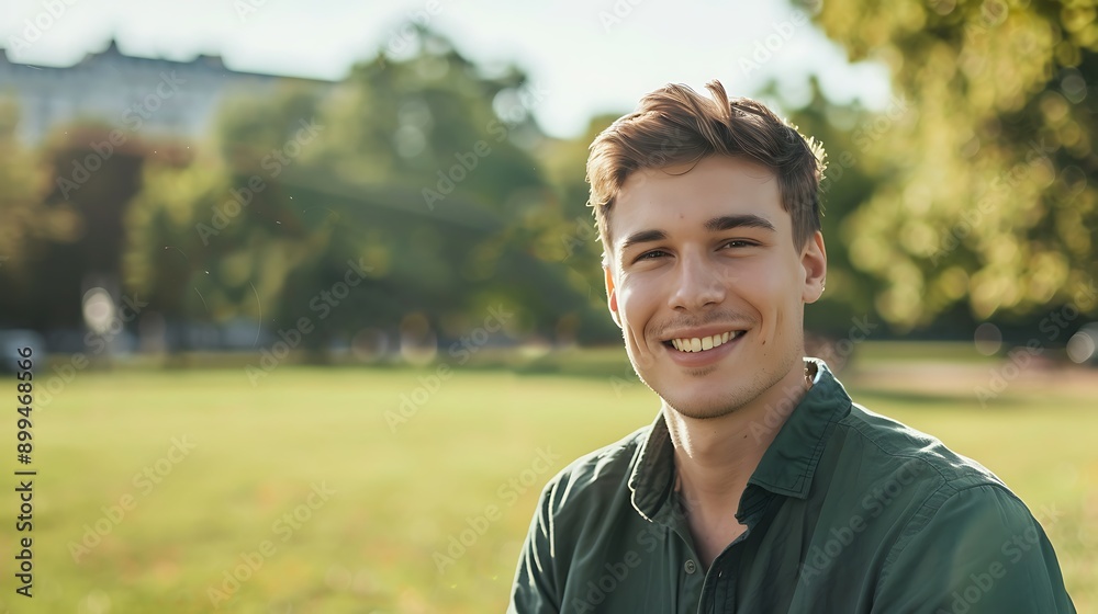 A white man with short brown hair, smiling and enjoying a sunny day at the park. A white man with short brown hair, smiling and enjoying a sunny day at the park.