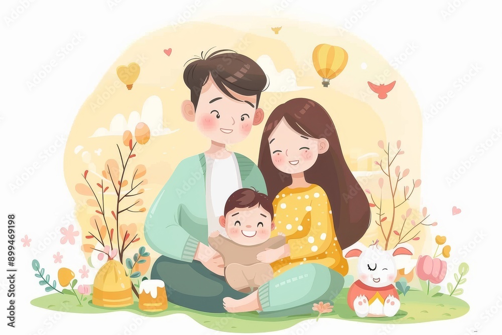 Happy family illustration in a whimsical colorful style expressing love and joy with playful detailed elements Happy family illustration in a whimsical colorful style expressing love and joy with playful detailed elements