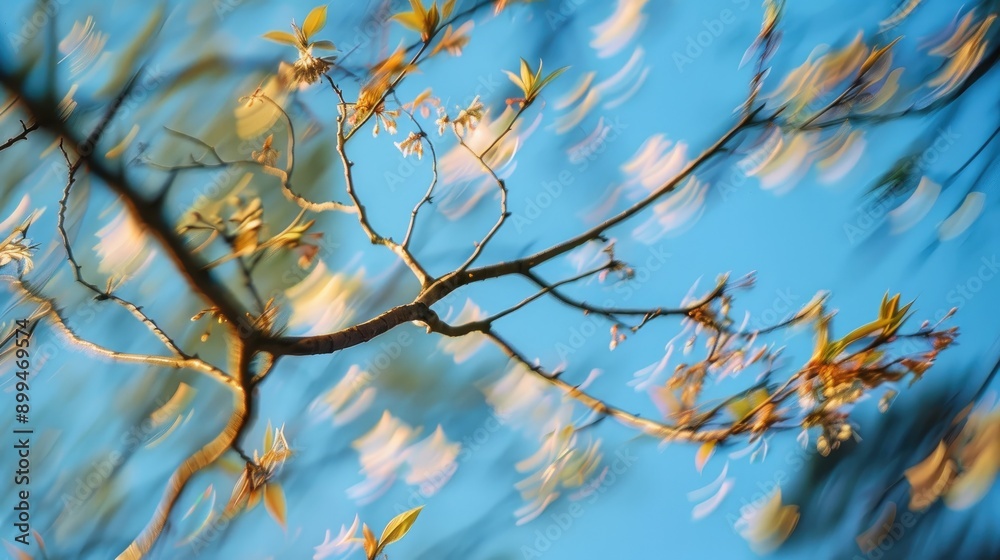 Blurry tree branch against blue sky Blurry tree branch against blue sky